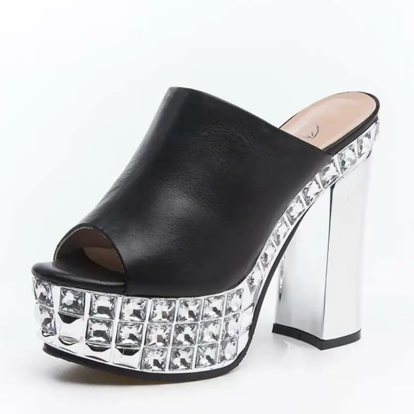 

Women 2019 Summer New Corium Thick High Heels Sandals Rhinestone Platform Super Block Heels Genuine Leather Slippers Shoes