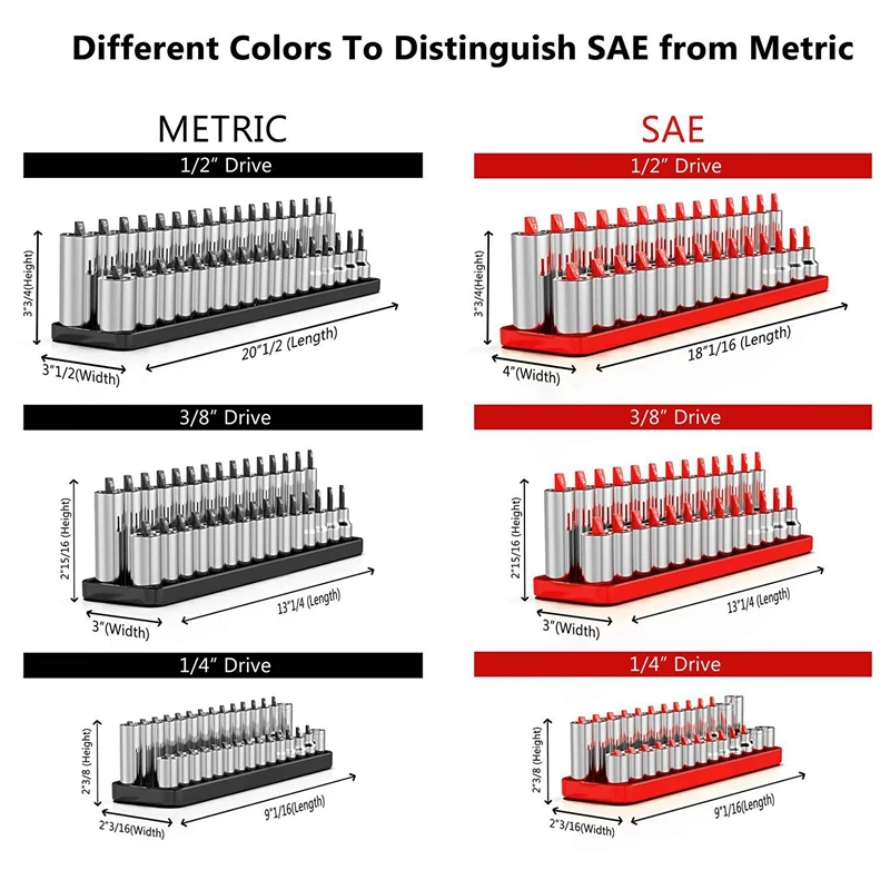 Sae(красные) и метрических(черный) разъем лотки для хранения-6 шт. в комплекте, костюмы | 1/4 дюйма, 3/8 дюйма, 1/2 дюймовый накопитель | Премиум-качество инструмент или