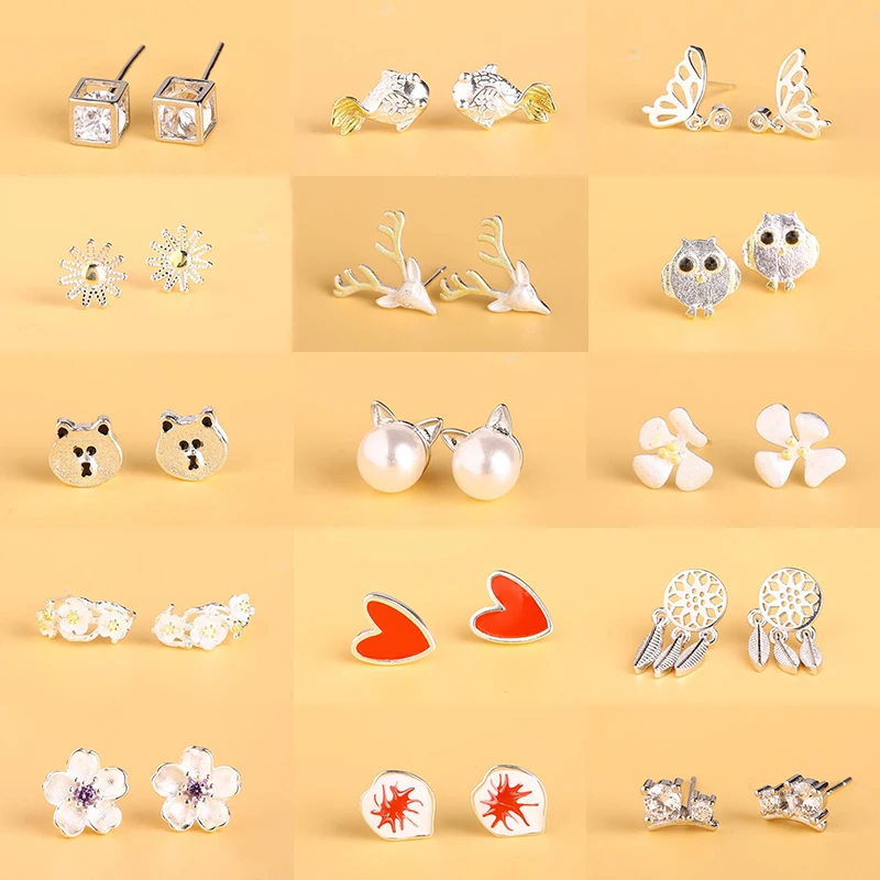Новые стильные серьги женские из стерлингового серебра пробы животные Красное Сердце Бабочка Цветы Ловец снов сеть жемчужные кошки серьги-гвоздики
