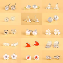 Новые стильные серьги женские из стерлингового серебра пробы животные Красное Сердце Бабочка Цветы Ловец снов сеть жемчужные кошки серьги-гвоздики