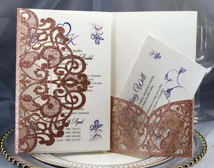 100 компл./лот блестящая специальная бумага, сделанная Laer, Свадебное приглашение с 2 шт. внутренней карты, 5 цветов в наличии