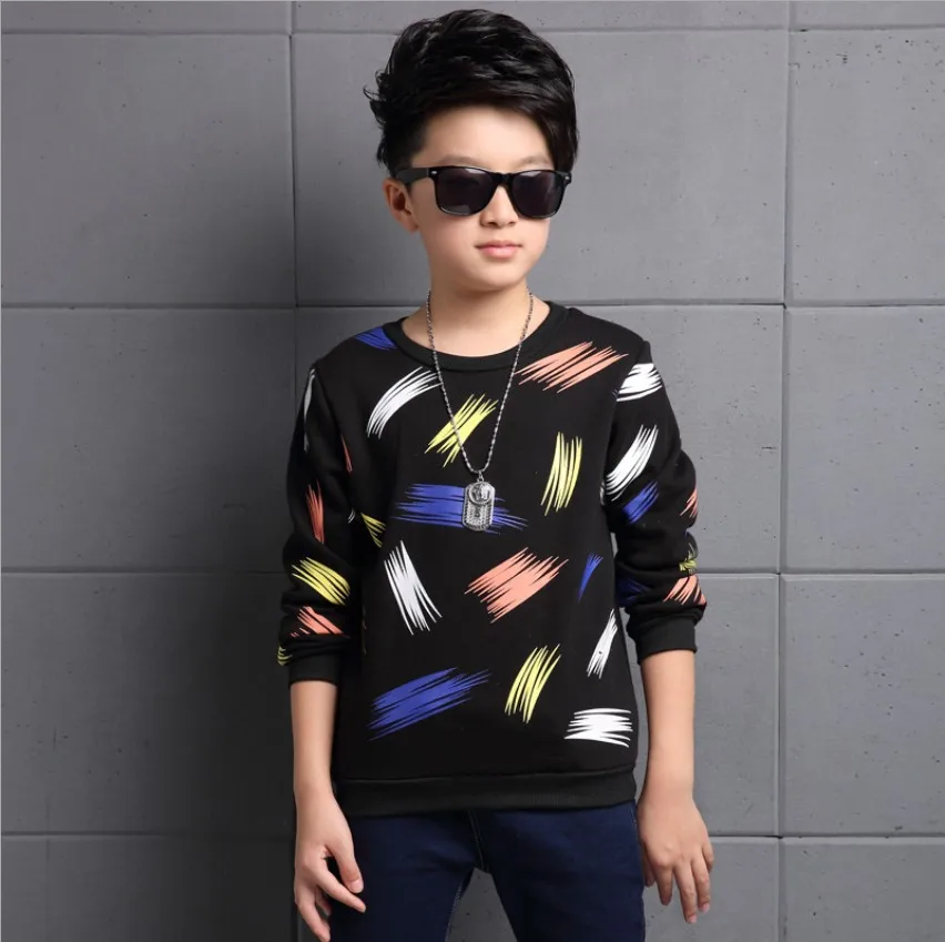 Лидер продаж, футболка с новым дизайном для мальчиков, брендовые Детские топы с длинными рукавами, хлопковая детская одежда, размер 5-15 - Цвет: Black
