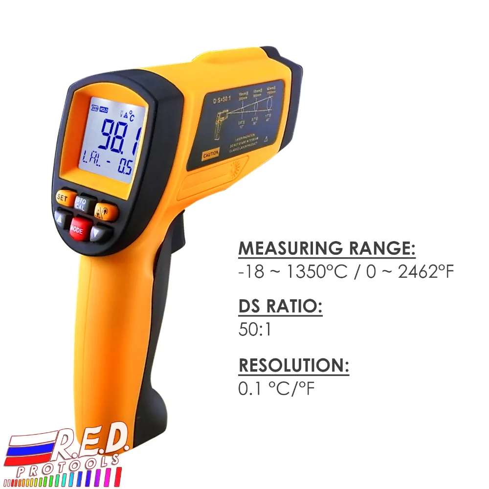 50:1 Digital Handheld IR Non-Contact Laser Thermometer 0.1~1 EM Pyrometer -18 to 1350 Degree C (0 ~ 2462 Degree F) Range цена 50:1 Digital Handheld IR Non-Contact Laser Thermometer 0.1~1 EM Pyrometer -18 to 1350 Degree C (0 ~ 2462 Degree F) Range цены онлайн