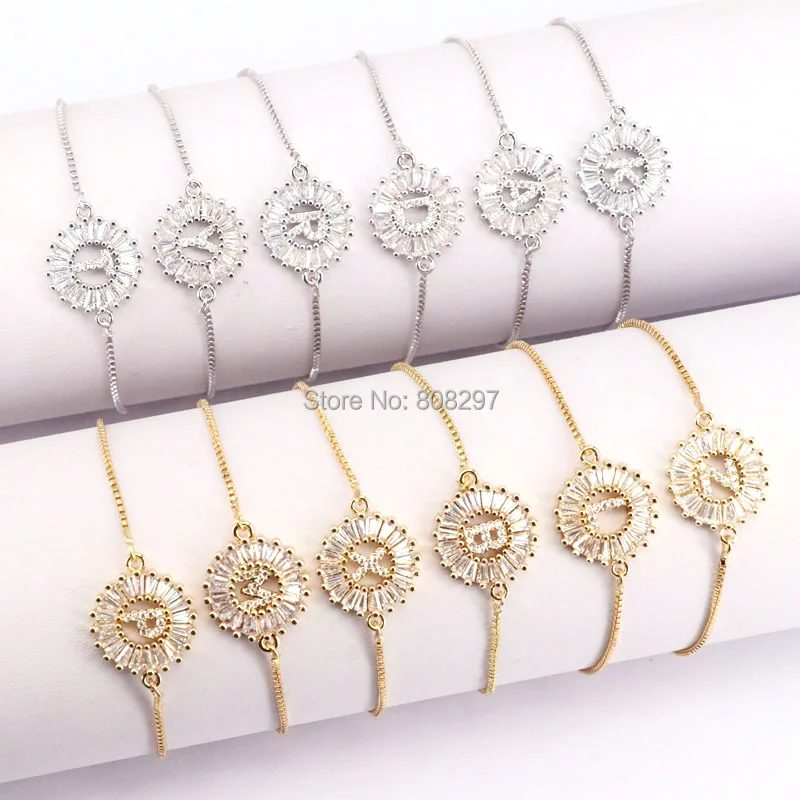 10Pcs Gold Silver Colors Letter Bracelet Copper Micro Pave CZ Zirconia Round Charm Bracelets Fashion Jewelry