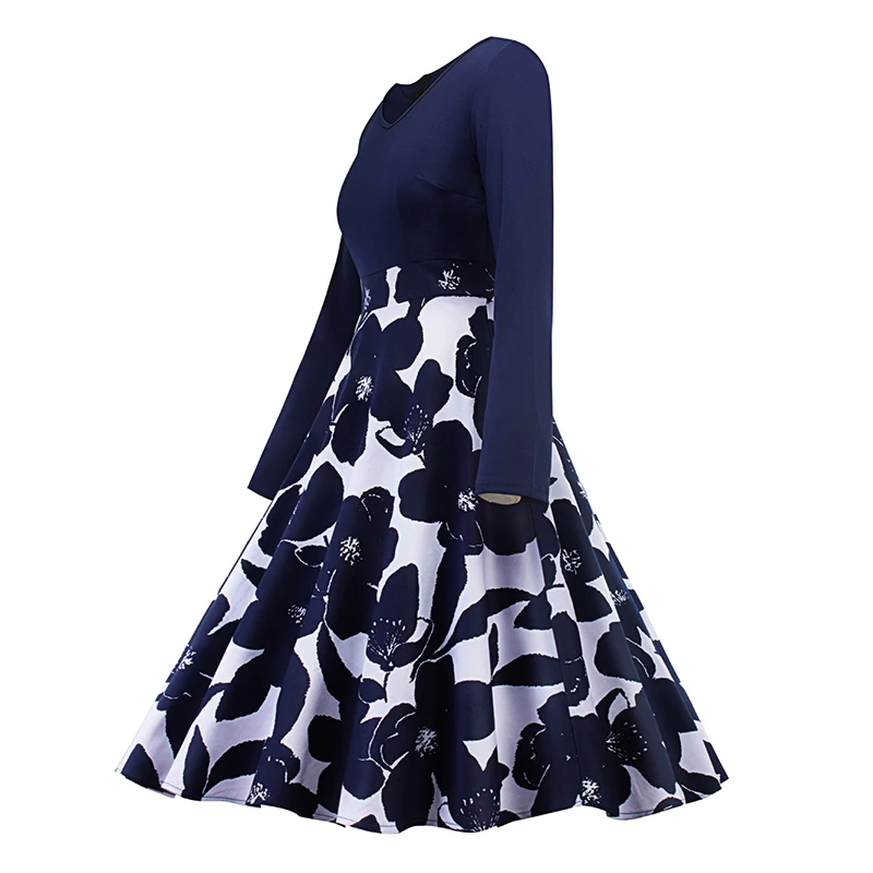 Kostlich 2017 Floral Print Autumn Winter Dress Women V-Neck Long Sleeve Hepburn 50s Vintage Dress Swing Elegant Party Dresses (8)