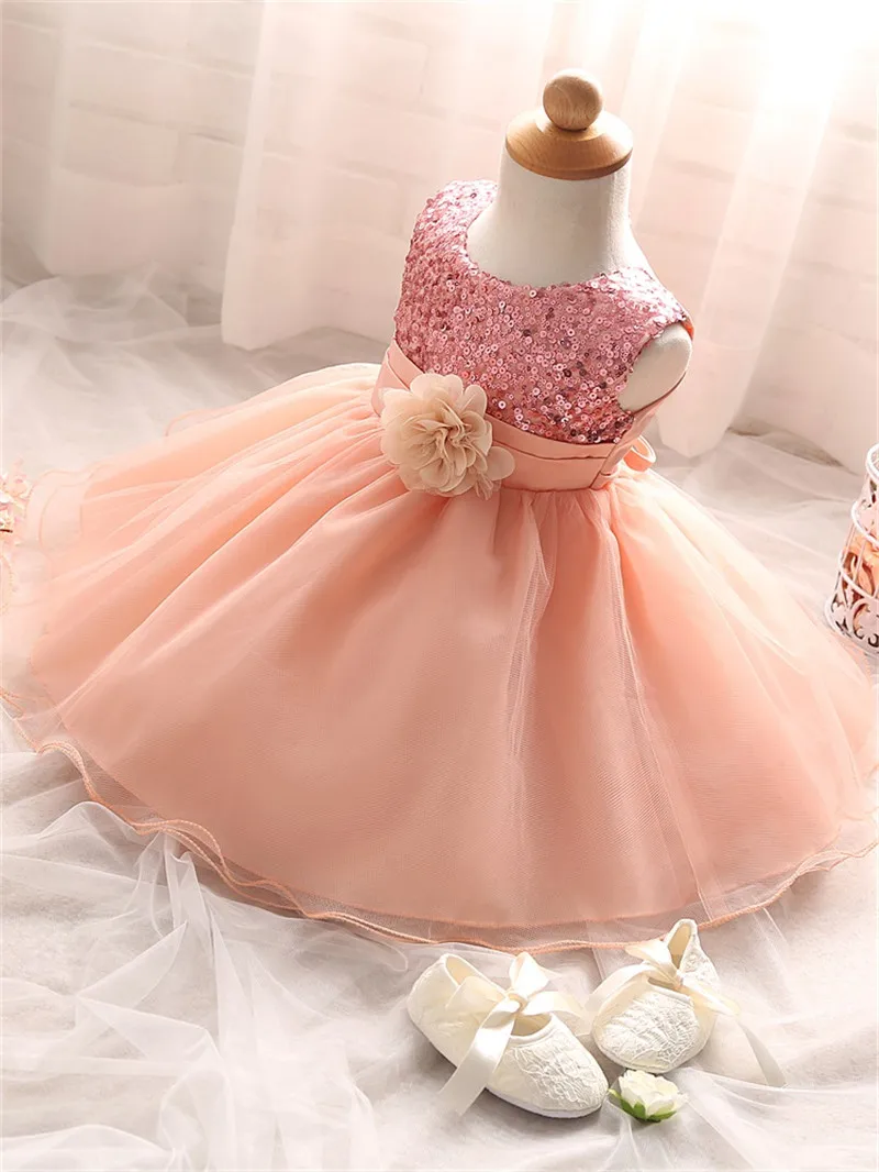 Розовое платье для маленьких девочек; От 1 до 2 лет платье для дня рождения; Одежда для новорожденных; летнее платье-пачка с блестками для девочек