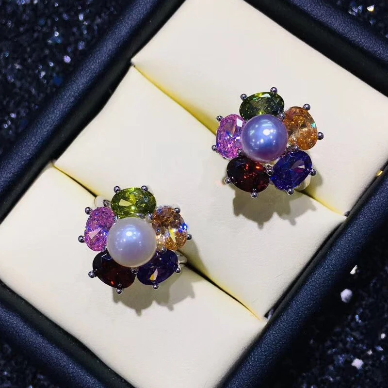 

925 sterling silver Flower ring natural pearl ring for women Bohemia multico Zircon ring pearl jewelry party birthday gift new