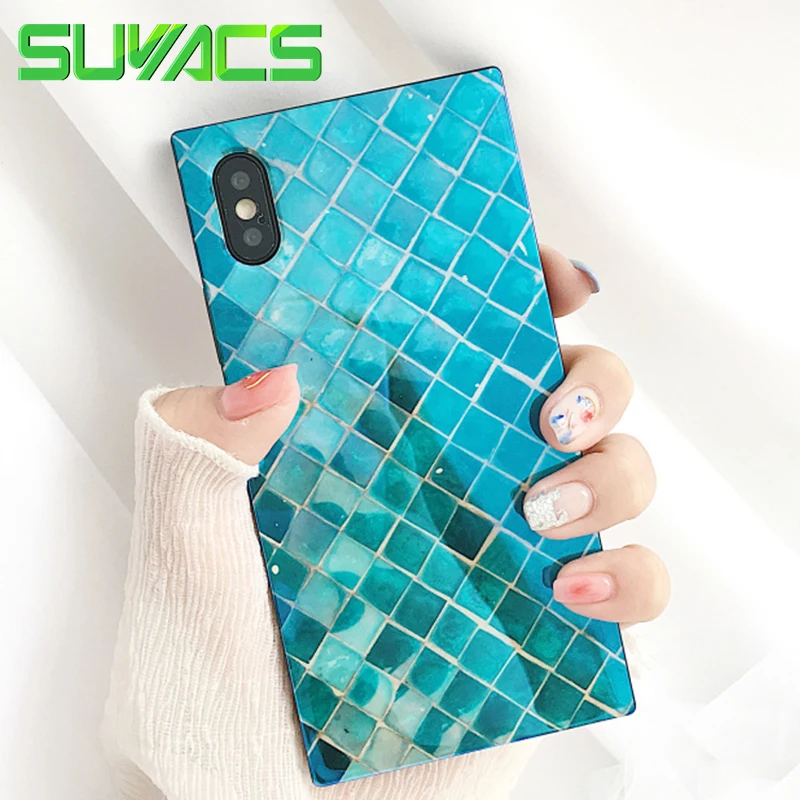 

SUYACS Blu-ray Phone Case For iPhone 6 6S 7 8 Plus X Square Geometric Fish Scales Blue Soft IMD Phone Cases Cover Shells Capa