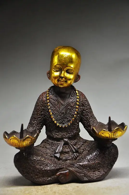 

COLLECTIBLE CHINESE COPPER GILT HANDMADE BUDDHIST MONK CANDLESTICK