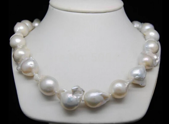 

~~ W&O653 MP"Huge Natural Shape 15-18mm white Pearl Necklaces 14KGP Gold Clasp