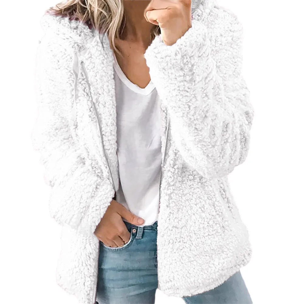 Женское однотонное пальто плотный мягкий флис осень зима теплая куртка с капюшоном на молнии пальто женская повседневная одежда пальто#715