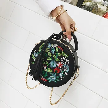

Women Embroidery Flower Round Handbag PU Leather Tassel Shoulder Bag Chain Crossbody Bag New
