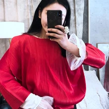 Miyake модные стильные футболки три четверти o-образным вырезом свободные складные футболки с рукавами «летучая мышь»