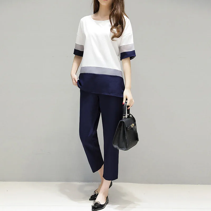 

High Quality 2019 Women Sets Casual Top And Pant Plus Plus Size Suit O-Neck Summer Large Size Chiffon Two Piece Sets