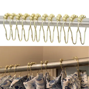 

12Pcs/Set Elegant Gold Shower Curtain Hooks Rolling Ball Rings Rust-Resistant Shower Curtain Hooks Home Bathroom Essential Hook