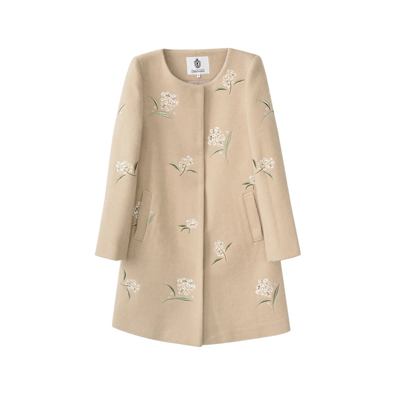 Dabuwawa Autumn Winter Long Coats Outerwear 2018 New Women Elegant Embroidery Print Slim Covered Button  Woolen Coat