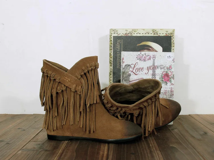 

Woman Fringe Ankle Boots Suede Casual Slip On Wedge Boots Autumn Winter Western Design Woman Round Toe Height Increasing Boots