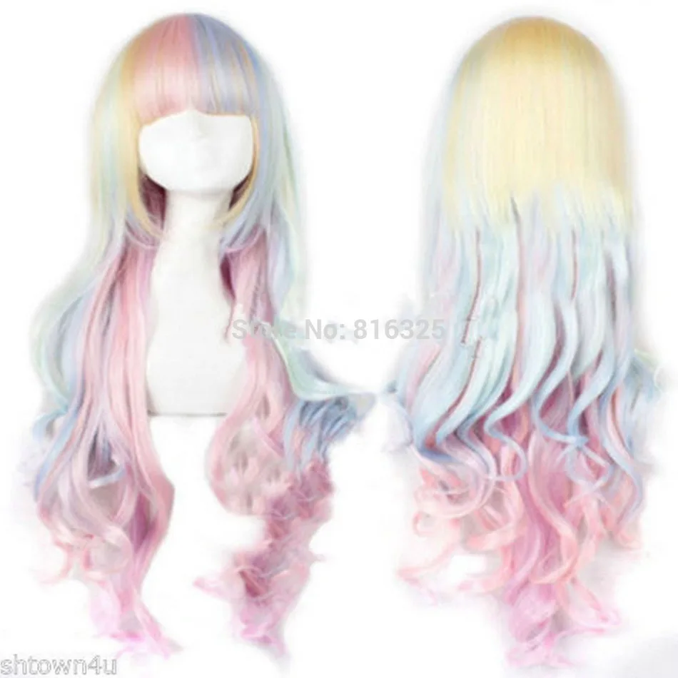 690024&gt&gt&gt Лолита Harajuku Стиль Смешанная Multi Color Вьющиеся Длинные Волосы Аниме