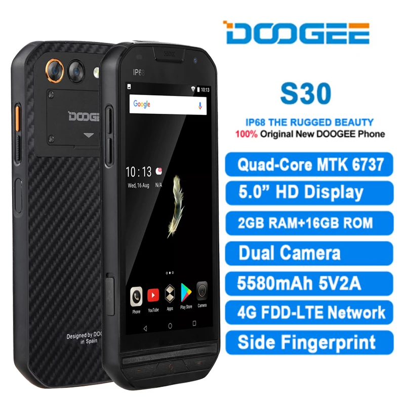 DOOGEE S30 4G LTE Смартфон Android 7 0 5 дюймов четырехъядерный 2 ГБ + 16 Гб в а IP68