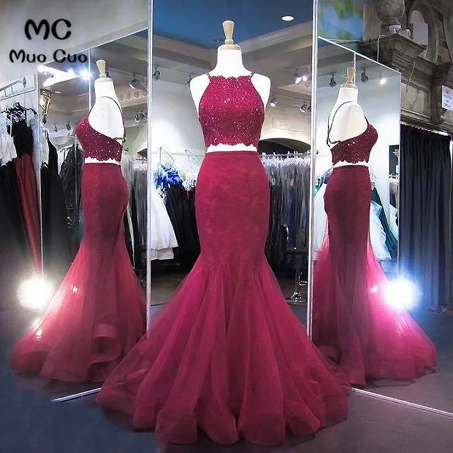 Lace Beading Burgundy Prom Dresses Two Pieces Pageant Dress