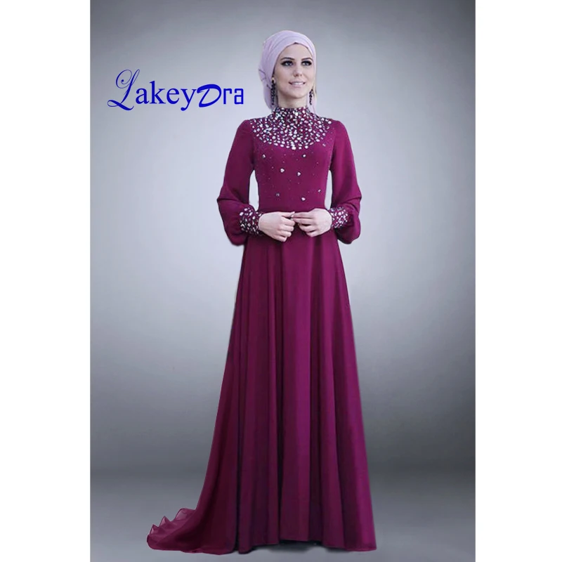 

Lakeydra A-Line Muslim Evening Dresses High Neck Chiffon with Beads Zipper Back Long Sleeves Plus Size Party Gowns