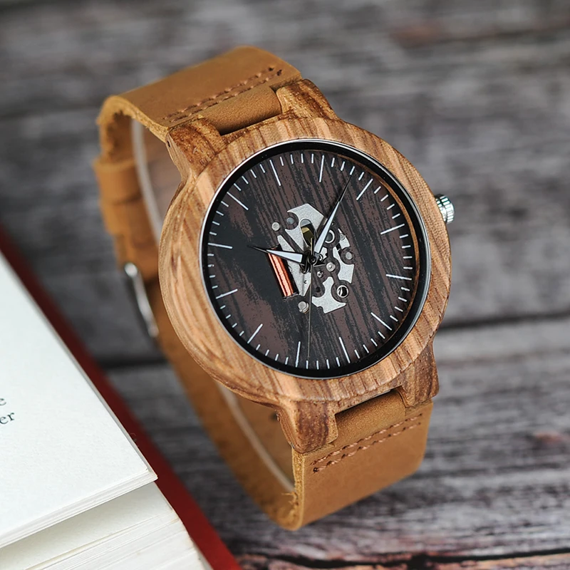 BOBO BIRD V-H29 Mens Zebra Wood Quartz Wristwatch Doodle Print Dial Luminous Hand Bamboo Wooden Watch Black Leather uhren men