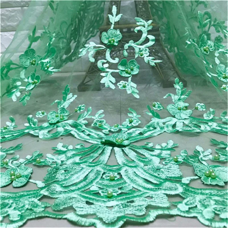 Высококачественная африканская кружевная ткань с зелеными бусинами Tissu индийское свадебное платье ткань французская швейцарская Вуаль Сетка, фатин, кружева материал