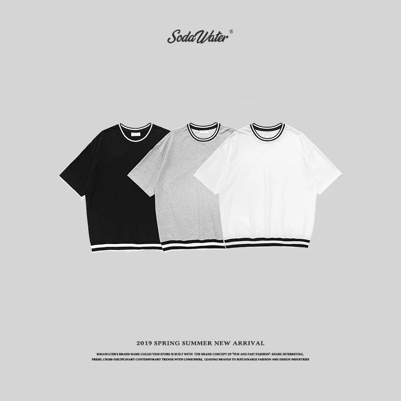 

SODA WATER Stripe O-neck Soild T shirts tees Basic Women Men Cotton T shirt Streetwear Summer Style Skateboard T-shirts 8297S