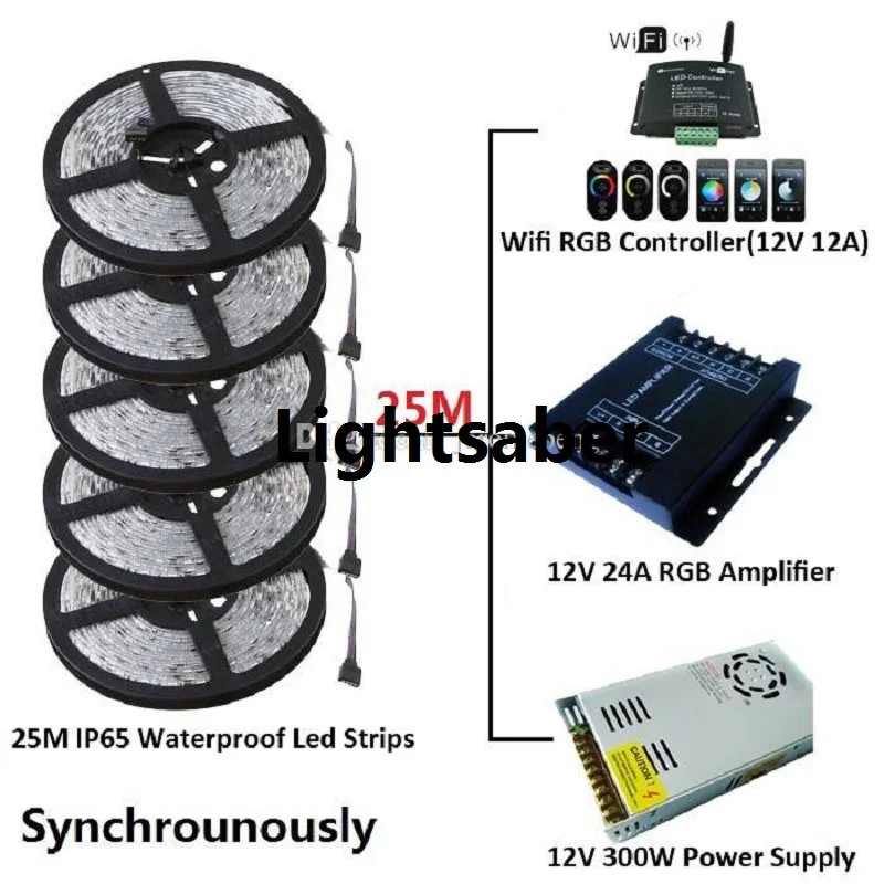 

Synchronously 25M SMD 5050 Waterproof IP65 RGB LED Strip Light +1PCWifi 12A RGB Controller+1PC 12V 25A Power Supply