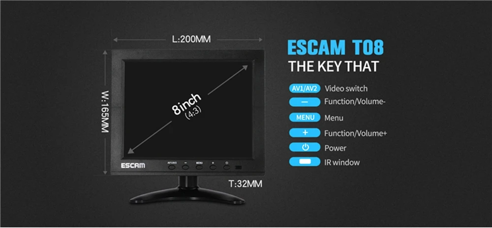 ESCAM T08 8 дюймов TFT ЖК-дисплей 1024x768 монитор с VGA HDMI AV BNC USB для ПК видеонаблюдения Камера