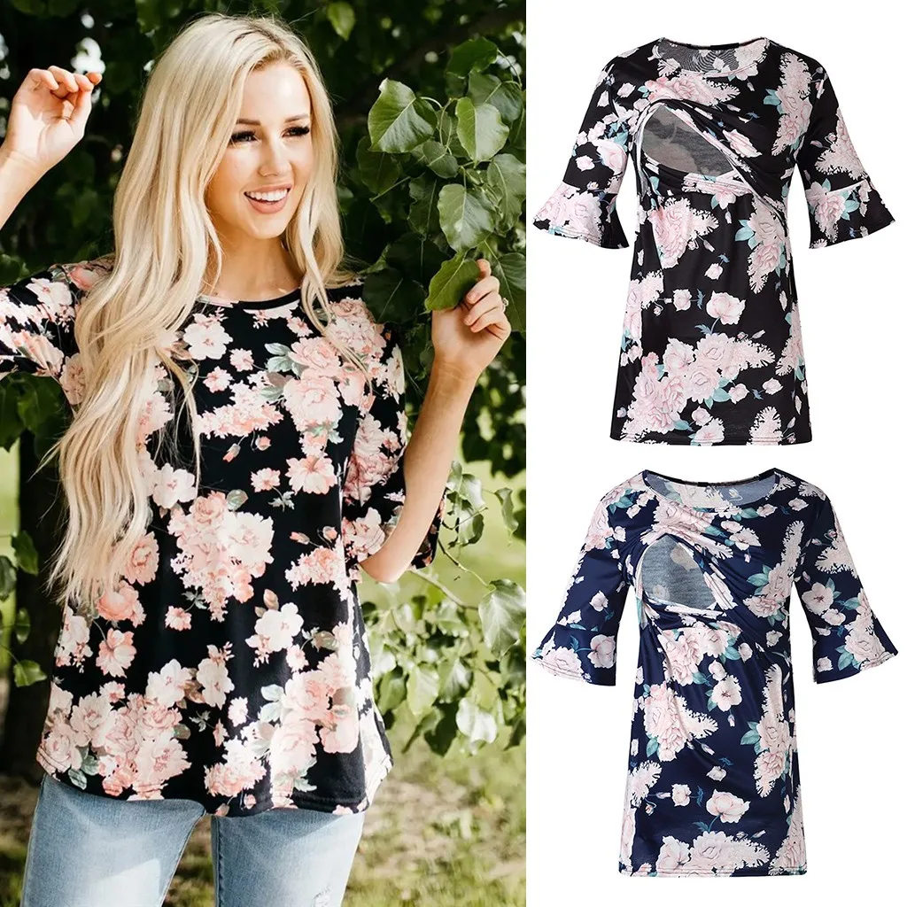 Женские топы для беременных с расклешенными рукавами и цветочным принтом