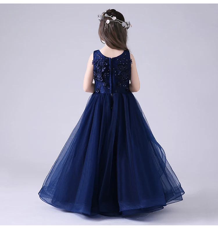 Darlingoddess Роскошный Королевский синий платье с цветочным узором для девочек 2018 Кружева из бисера платье для первого причастия для маленьких