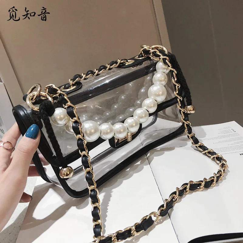 

Pearl Tote Bag 2019 Summer New Quality Transparent Jelly Female Bag Women's Designer Handbag Lock Chain Shoulder Messenger Bag