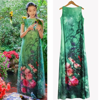 

2016 New Summer Style Women two layers mesh floral printed loose long Dress slash neck elegant China Style maxi dress tank dress