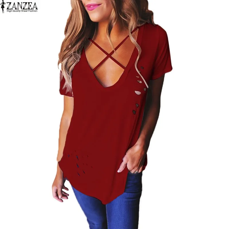 ZANZEA Women Summer Low Cut Short Sleeve T shirt Ripped Hole Deep V