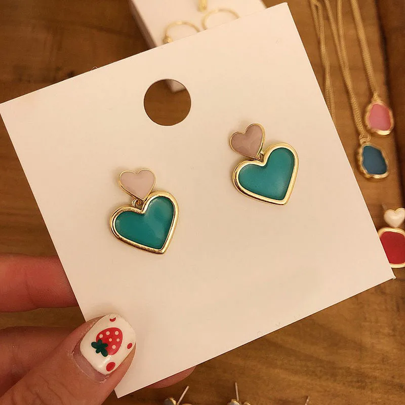 MENGJIQIAO Красочный Летний стиль геометрическое сердце Висячие серьги для женщин сладкое ожерелье Модные кольца ювелирные наборы - Окраска металла: Green heart