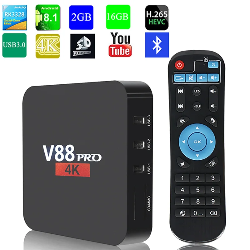 

V88Pro Android8.1 TV Box 2G RAM 16G ROM Smart 4K HDR H265 USB3.0 WIFI Bluetooth 4.0 Media Player