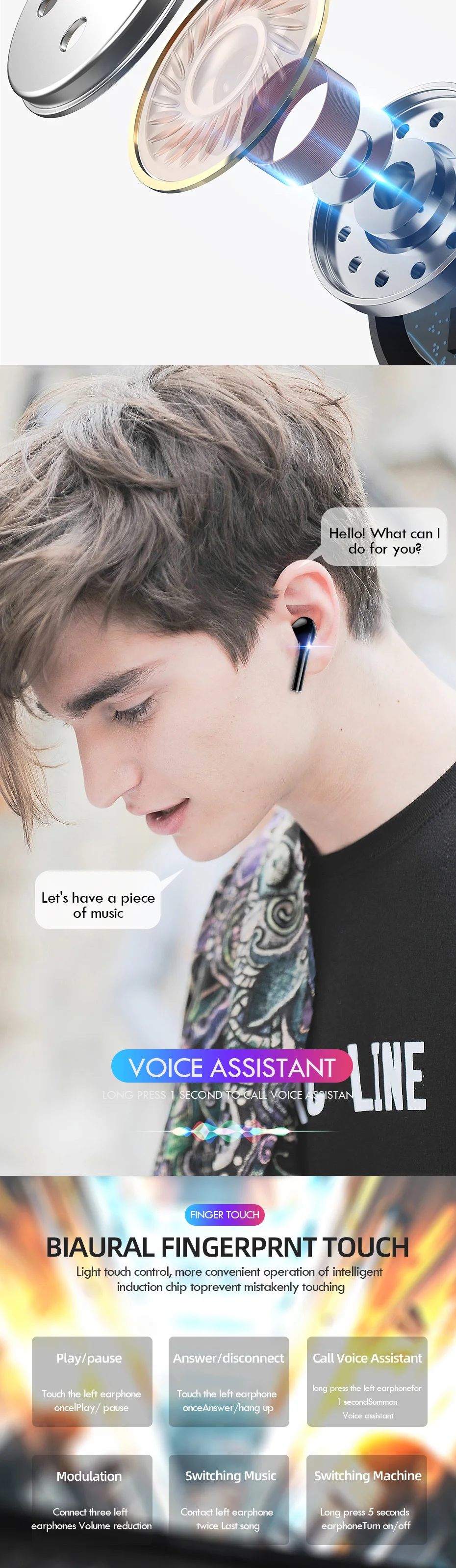 VOULAO беспроводные Bluetooth наушники водонепроницаемые спортивные наушники 5,0 сенсорные наушники с микрофоном наушники для iPhone Xiaomi
