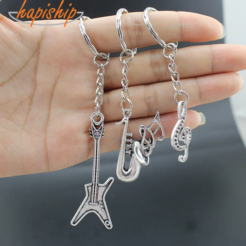 

Hapiship 2018 Women/Men's Fashion Handmade Vintage Silver Guitar Music Note Key Chains Key Rings Alloy Charms Gifts YSDY202