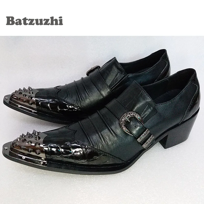 Batzuzhi New Black Men Dress Shoes Leather Pointed Iron Toe Buckle Soft Leather Business Dress Shoes Party Sapatos Masculino, 46