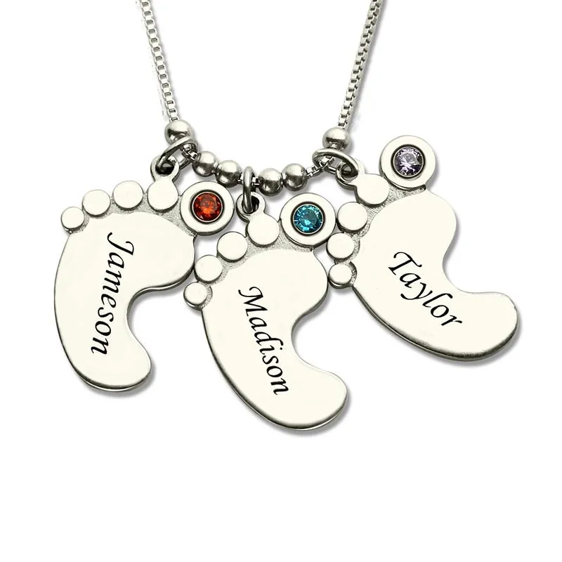 

SG Fashion Personalized Mother's Necklace Baby Feet necklace 925 silver with birthstone Necklaces for women Custom Made Any Name