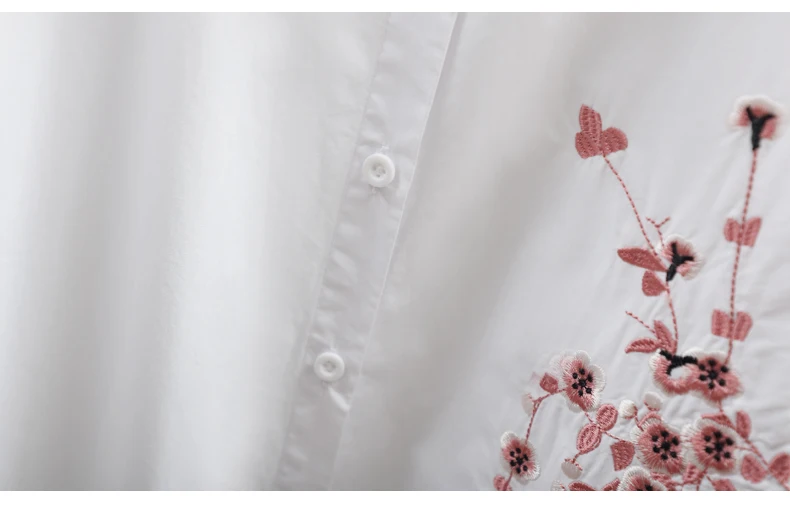Длинные женские белые рубашки, весна-лето, новые свободные рубашки из хлопка с цветочной вышивкой и длинными рукавами