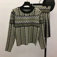 Winter Autumn Geometric Prints Casual Sweater Skirt Suit Pullover Knitted Sweater Skirt O-Neck Women Fashion Two Piece Sets Winter Autumn Geometric Prints Casual Sweater Skirt Suit Pullover Knitted Sweater Skirt O-Neck Women Fashion Two Piece Sets