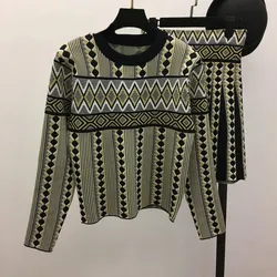 Winter Autumn Geometric Prints Casual Sweater Skirt Suit Pullover Knitted Sweater Skirt O-Neck Women Fashion Two Piece Sets Winter Autumn Geometric Prints Casual Sweater Skirt Suit Pullover Knitted Sweater Skirt O-Neck Women Fashion Two Piece Sets