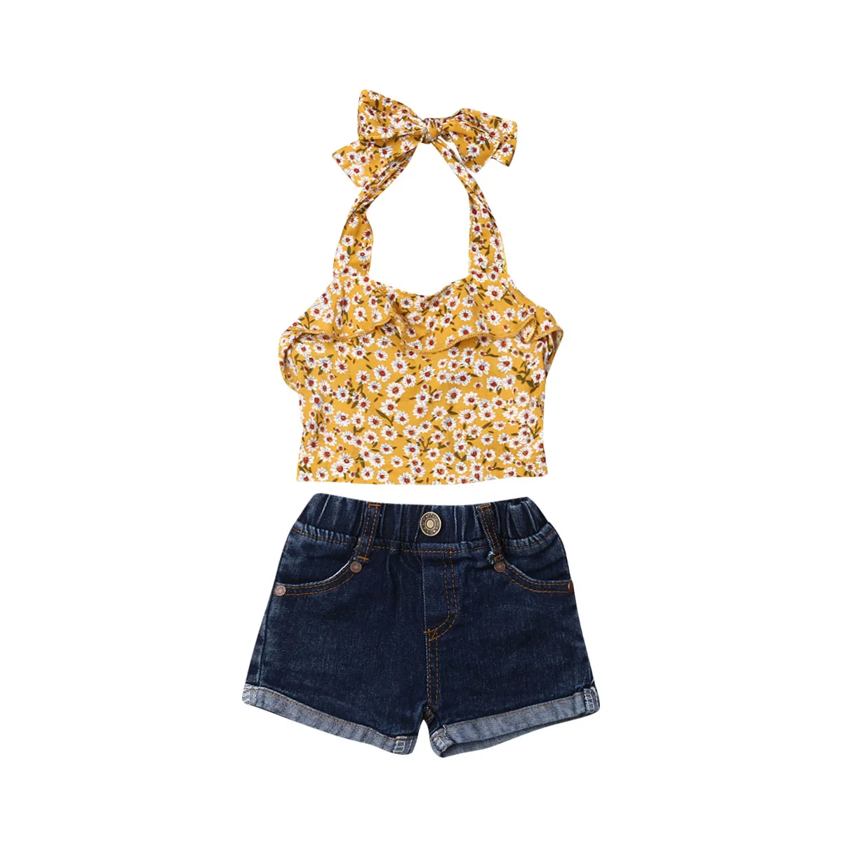

New Summer Toddler Baby Girl Clothes Floral Halter Tops Denim Shorts Outfit Set