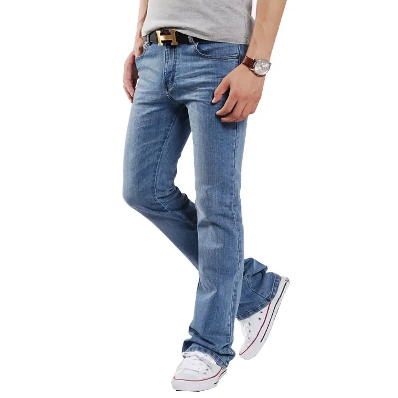 

Casual Mens Bell Bottom Jeans Business Light Blue Mid Waist Slim Fit Boot Cut Semi-flared Flare Leg Denim Pants Plus Size