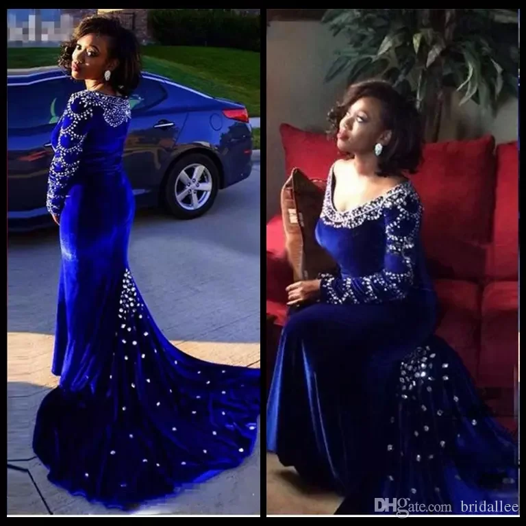 

Elegant Royal Blue Long Sleeve Velvet Formal Evening Party gown 2018 V-neck Mermaid robe de soiree Mother of the Bride Dresses