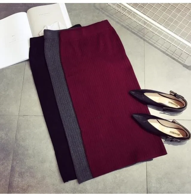 Women Skirts Knitting Solid Female Pencil Skirt Autumn Winter High Waist with Package Hip Split Ends Long Skirt