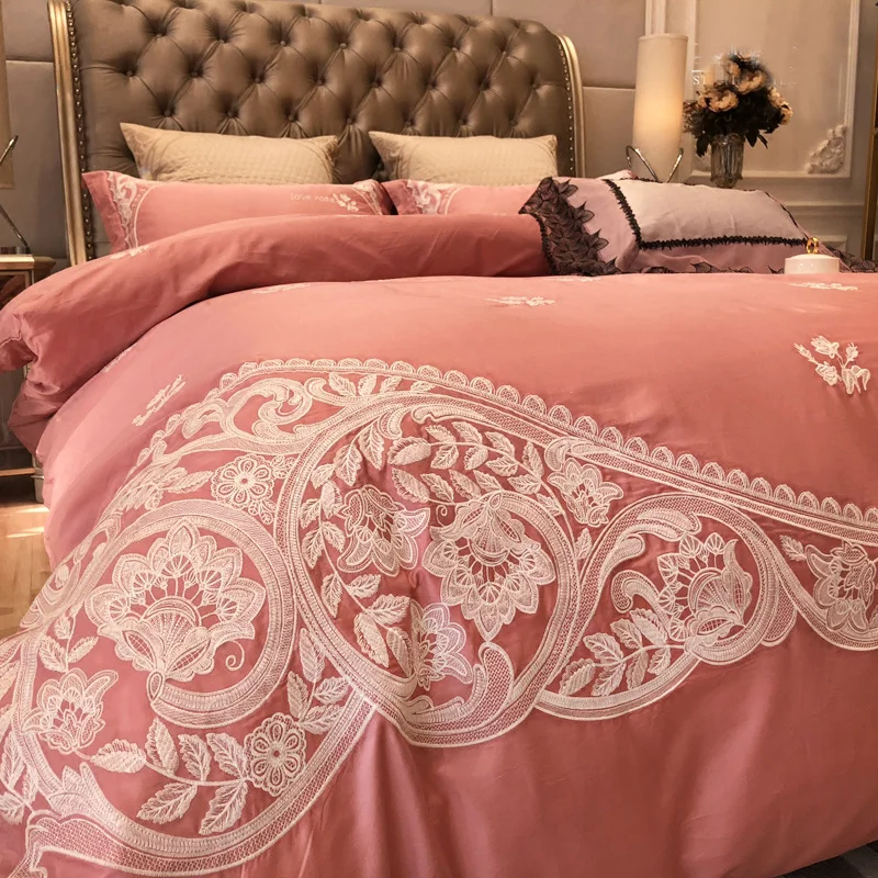 Luxury Solid pink 100S Egyptian cotton Embroidery Bedding sets Queen