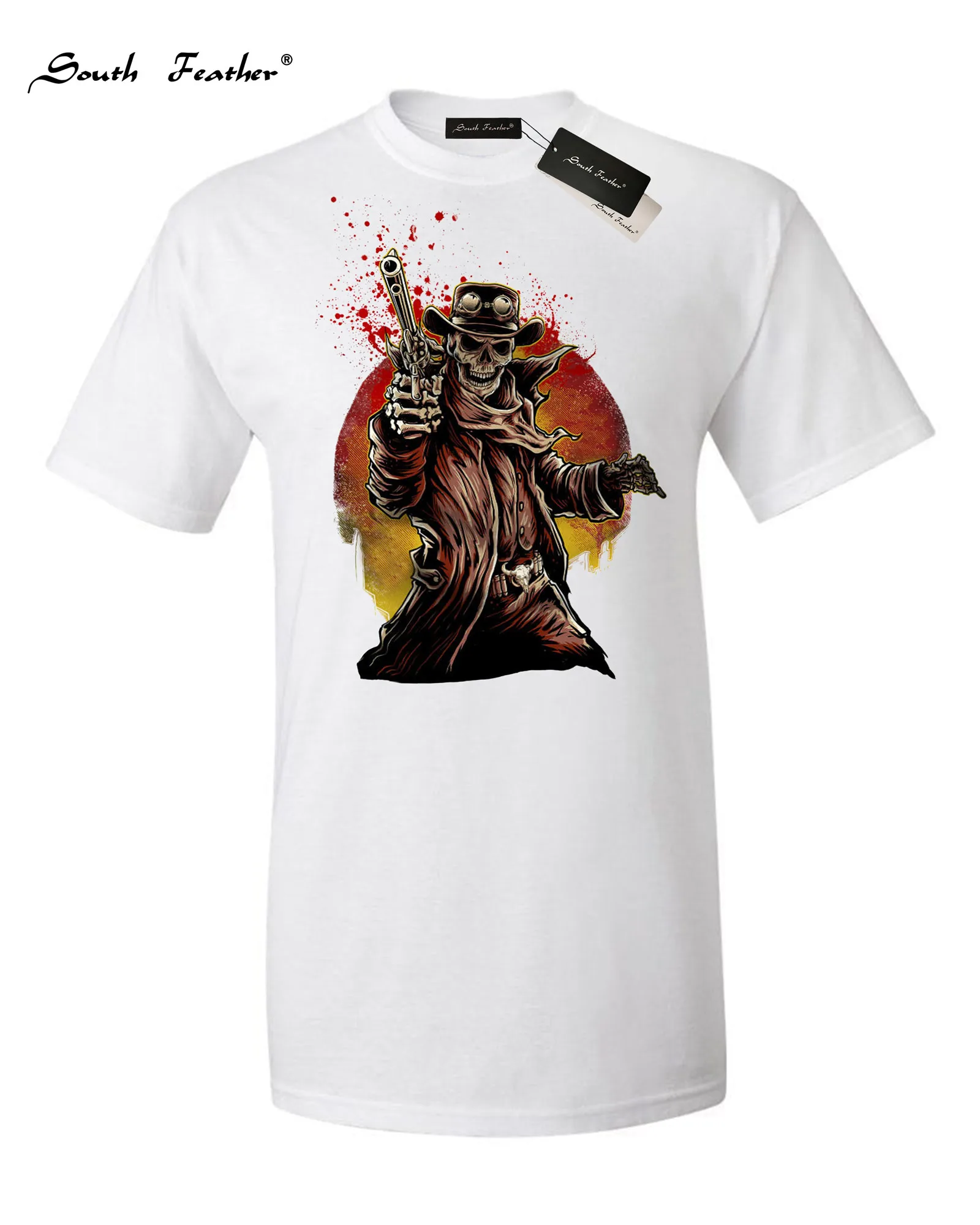 

South Feather Western Cowboy Cool Skull Mens T-shirt,Cowboy Skull Graphic Design Printed Tee NEW